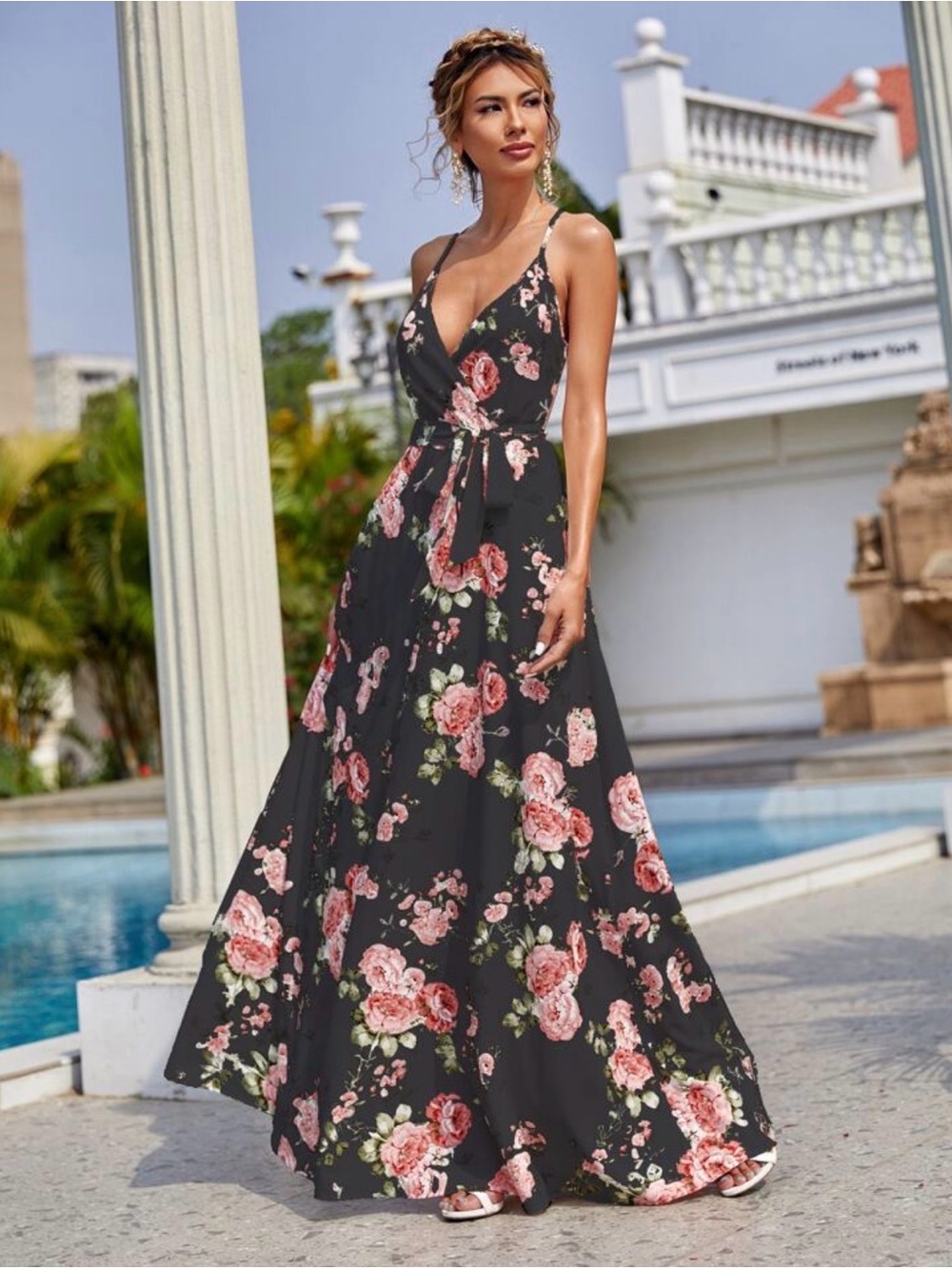 SHEIN Black Maxi Dress with Pink Floral Print